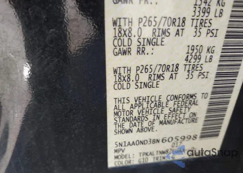 2011 Nissan Armada Sv from USA, damaged, VIN 5N1AA0ND3BN605998